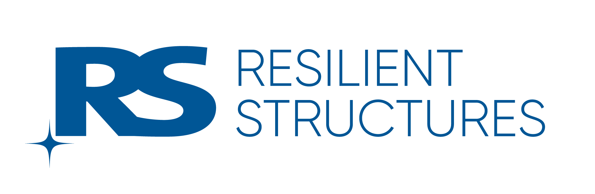 Logo with large blue letters RS on the left, a small sparkle icon below, and RESILIENT STRUCTURES written in blue capital letters to the right. White background.