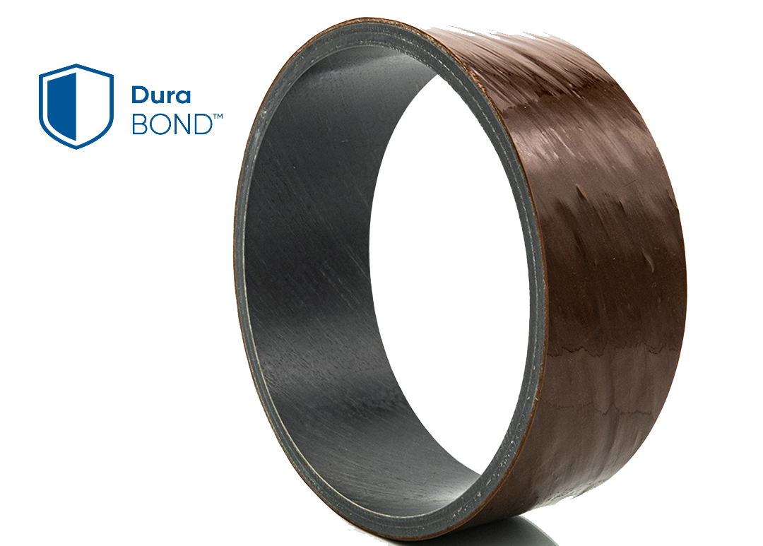 A metallic cylindrical bushing with a brown outer surface is shown near a blue DuraBond logo on a white background.