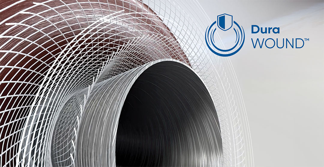 A close-up of coiled wire mesh with the Dura WOUND logo in blue, featuring a shield and coil graphic, on a white background.