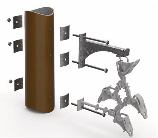 3D rendering of an exploded view showing parts of a mechanical claw assembly and a curved brown cover with brackets and bolts.