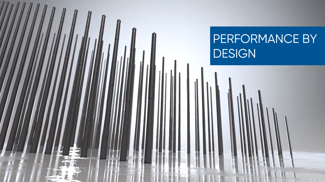 Tall, reflective metal rods arranged in varying heights stand on a glossy white surface. A blue rectangle in the upper right corner contains the text PERFORMANCE BY DESIGN..