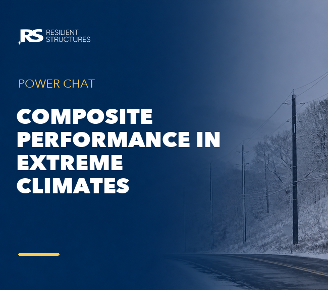 A snowy roadside with utility poles is shown on the right. On the left, text reads: RS Resilient Structures. Power Chat. Composite Performance in Extreme Climates..