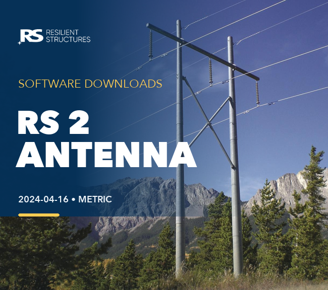 A tall antenna tower stands among trees with mountains in the background. Text reads, RESILIENT STRUCTURES, SOFTWARE DOWNLOADS, RS 2 ANTENNA, 2024-04-16, METRIC..