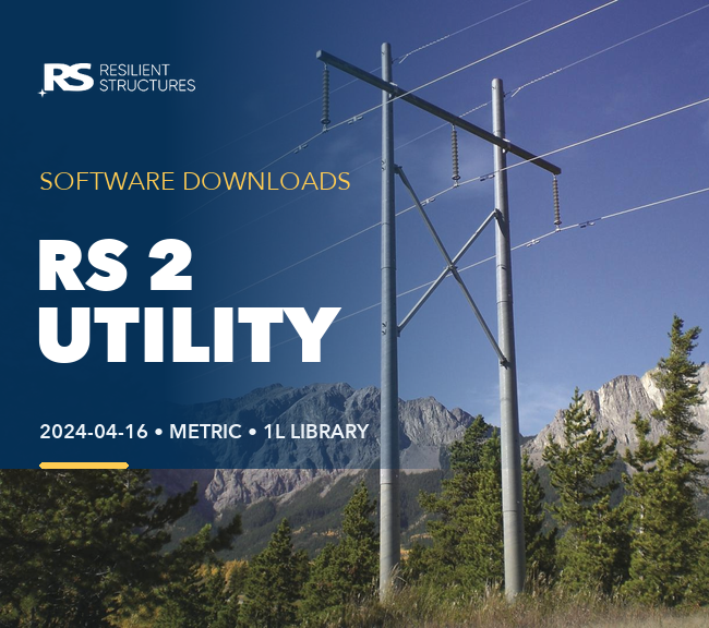 A tall metal utility pole stands among trees with mountains in the background. Text reads: RS 2 Utility software downloads, 2024-04-16, metric, 1L library, Resilient Structures..