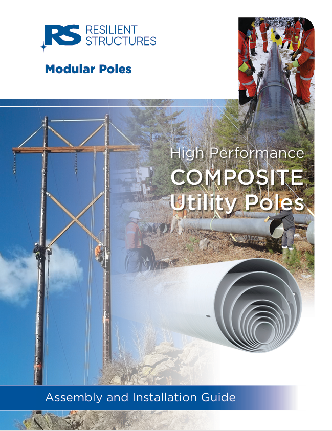 Cover of an installation guide for composite utility poles, showing workers installing pipes, rolled composite material, and a utility pole against a blue sky. The title reads High Performance Composite Utility Poles..