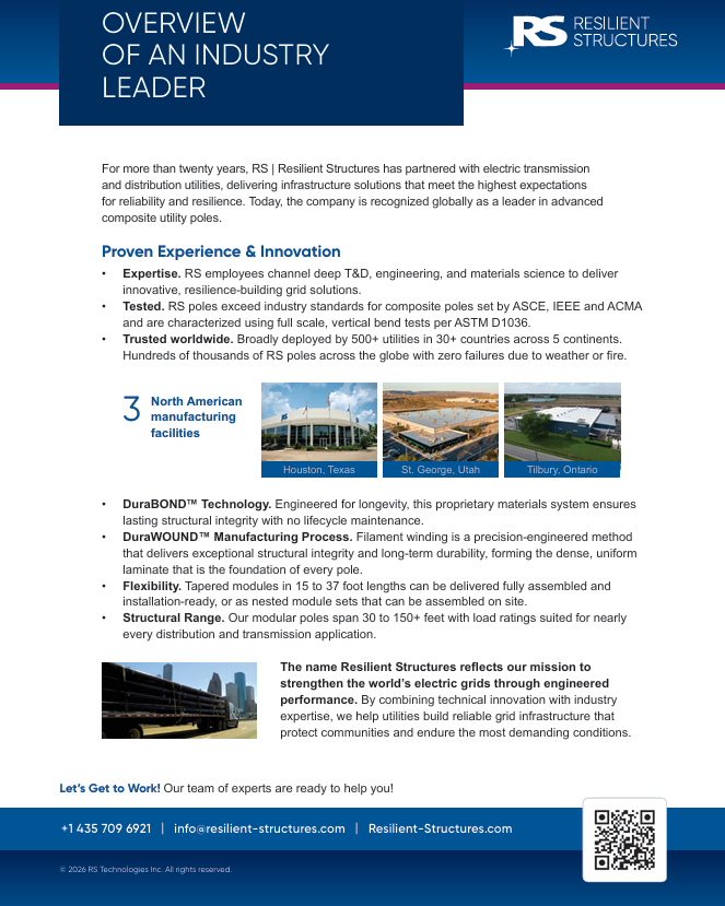 A professional flyer highlights RS Resilient Structures expertise in advanced composite utility poles, their innovation, North American manufacturing facilities, technical qualifications, and multiple pole products, with blue and white branding elements.
