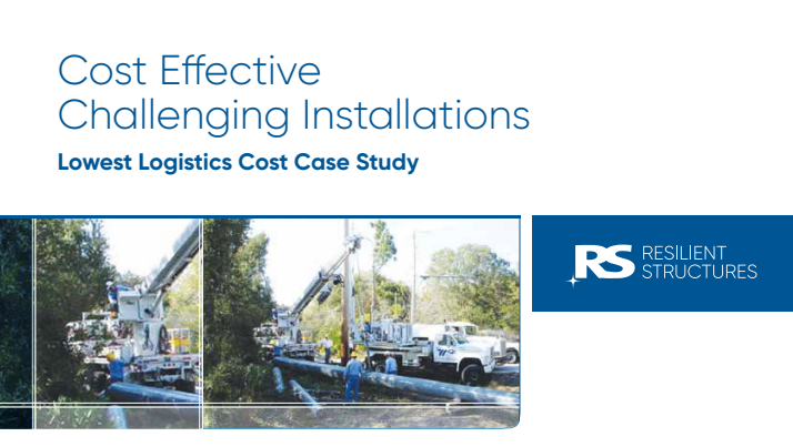 Utility trucks and workers install large pipes outdoors near trees. Text reads: Cost Effective Challenging Installations: Lowest Logistics Cost Case Study. Logo says RS Resilient Structures..