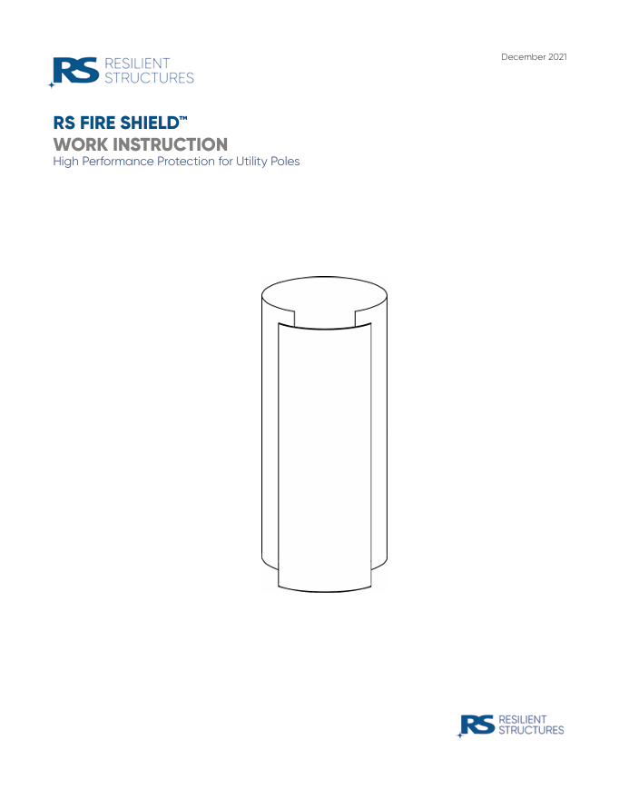 Cover page for RS Fire Shield work instruction document. Features a simple black-and-white line drawing of a cylindrical object and logos for Resilient Structures in the top left and bottom right corners.