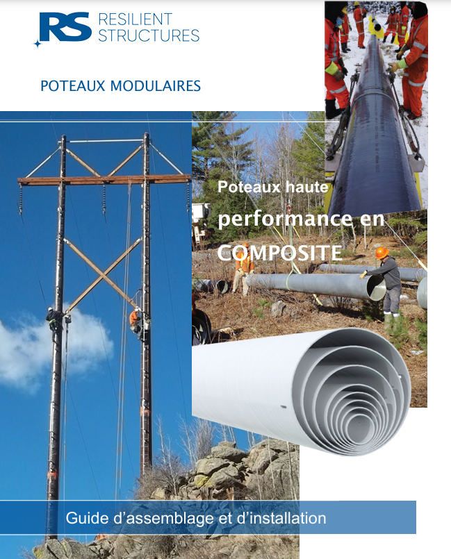 Cover of a guide showing workers installing utility poles, a rolled composite pole, and a group working with pipes; text in French about modular, high-performance composite poles and assembly instructions.