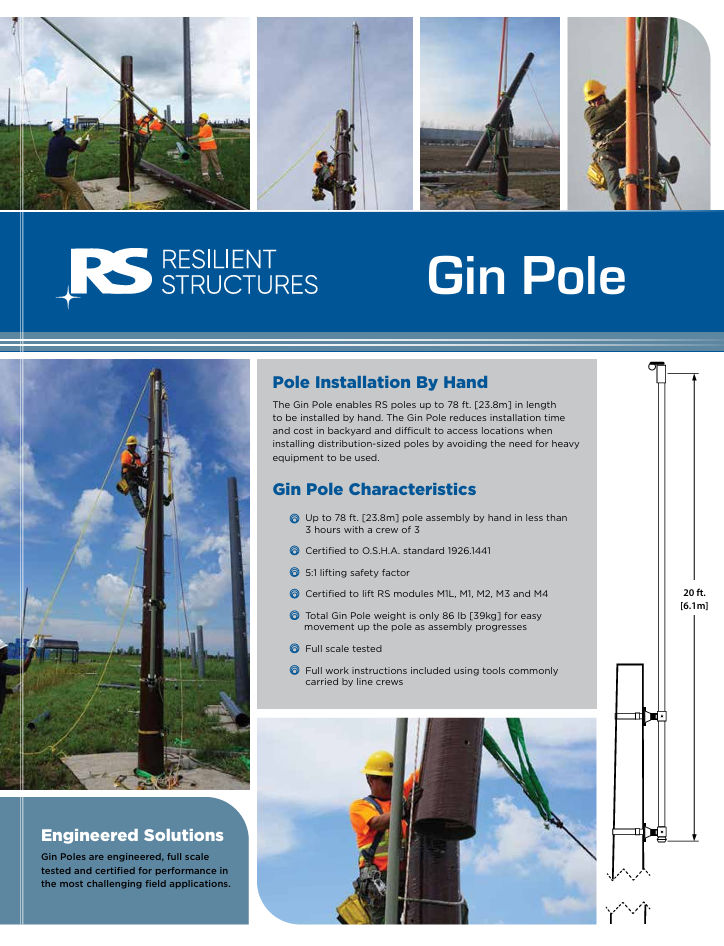 Workers in safety gear install a tall gin pole by hand on a grassy field using ropes and equipment, demonstrating a resilient structure solution for lifting heavy objects in remote areas. Technical specs and diagrams are included.