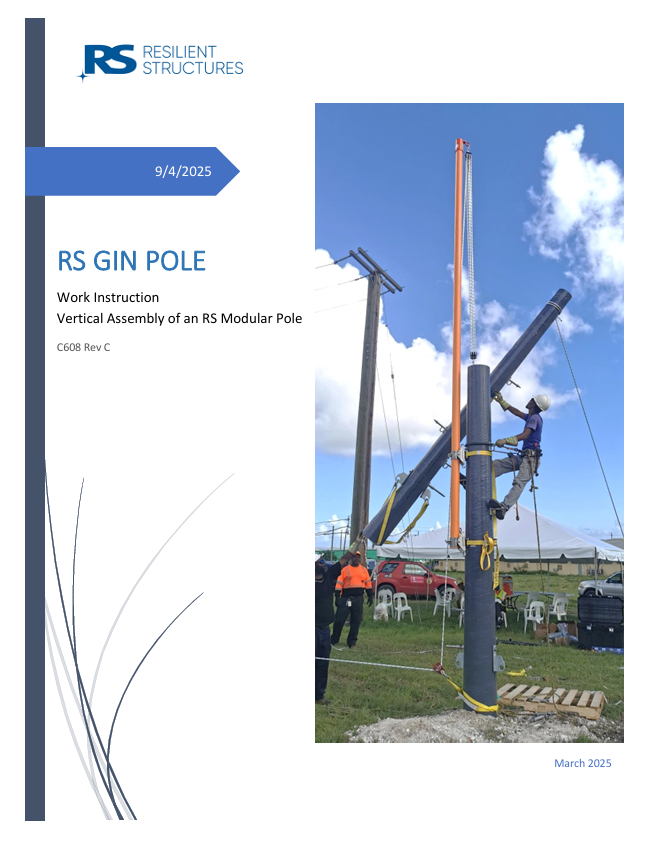 Two workers assemble a tall modular pole using a gin pole and safety gear on a grassy lot, with power lines and chairs visible in the background under a blue sky.
