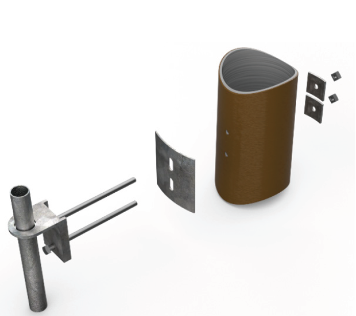Exploded view of a brown cylindrical object with metal mounting bracket, rectangular plate, and small square fasteners, showing how parts fit together.