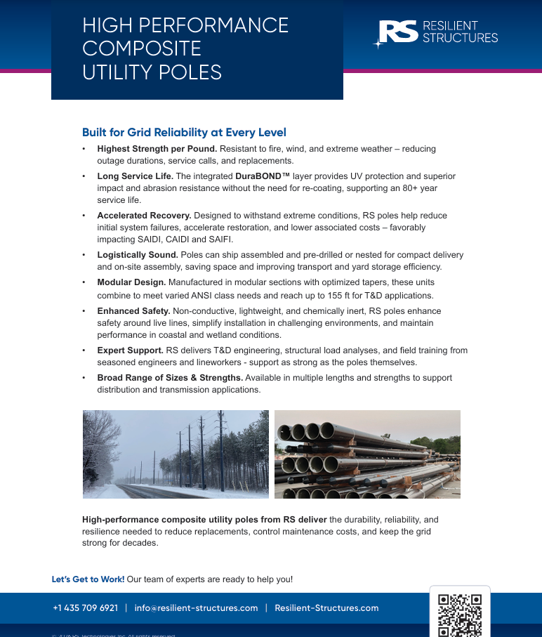 A flyer for Resilient Structures utility poles details features like strength, UV protection, safety, light weight, and custom designs. The companys contact info and logo appear at the bottom.