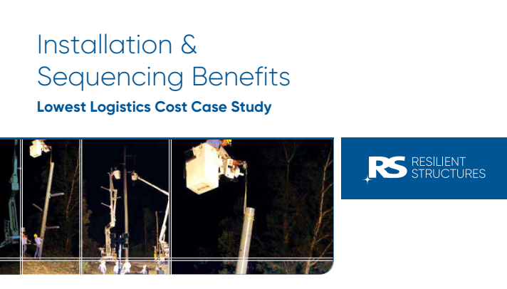 Workers in lift buckets install equipment on utility poles at night. Text reads Installation & Sequencing Benefits: Lowest Logistics Cost Case Study. RS Resilient Structures logo is at right.