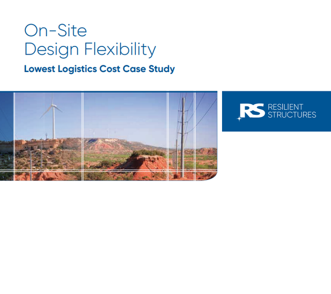 Cover page titled On-Site Design Flexibility: Lowest Logistics Cost Case Study with a landscape photo of wind turbines and power lines on hills, and an RS Resilient Structures logo.