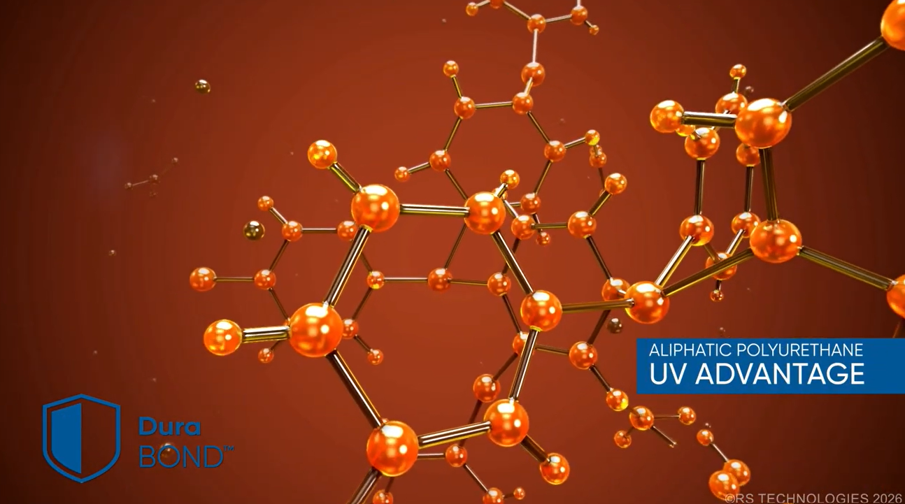 3D illustration of orange and gold molecules connected in a complex structure on a brown background, with text reading ALIPHATIC POLYURETHANE UV ADVANTAGE and Dura BOND in the corners.