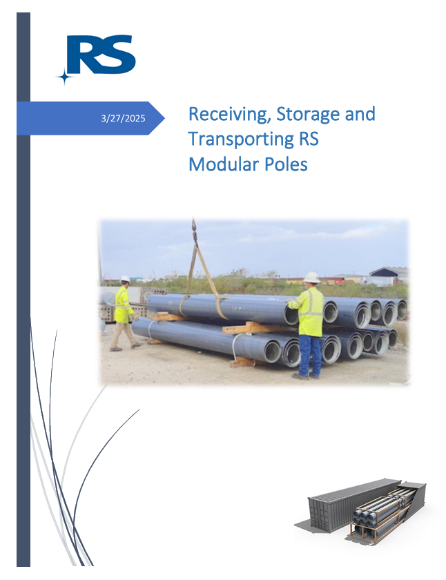 Cover page showing workers and a crane lifting large metal poles, with the title Receiving, Storage and Transporting RS Modular Poles and date 3/27/2025. Small warehouse and pole graphic at the bottom.