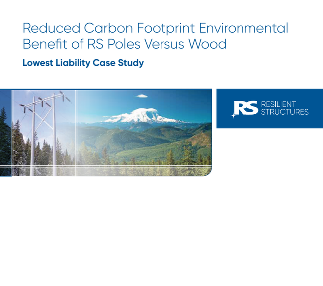 Cover of a case study titled Reduced Carbon Footprint Environmental Benefit of RS Poles Versus Wood. The image shows power poles in a forest with a mountain and blue sky in the background.