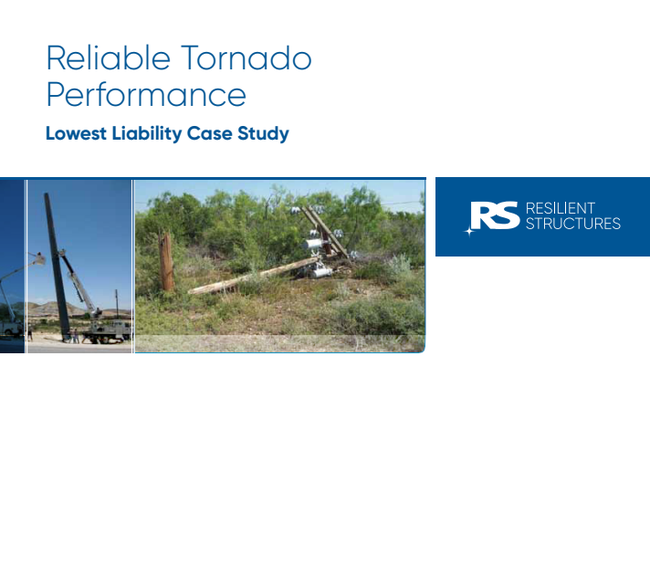 A brochure with Reliable Tornado Performance at the top, two images of damaged utility poles, and the RS Resilient Structures logo in a blue box on the right.