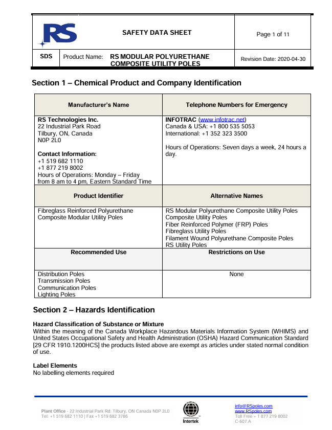 A safety data sheet for RS Modular Polyurethane Composite Utility Poles with sections on manufacturer info, product details, and safety regulations. Includes company logo, contact details, and section headers.