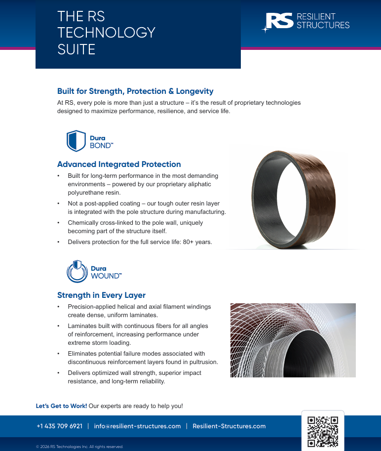A promotional flyer for Resilient Structures RS Technology Suite, featuring product info, benefits, company logo, contact details, and images of two spools of protective materials. Blue and white color scheme with highlighted features.