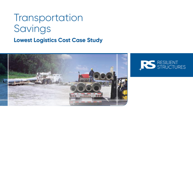 Two trucks transport large pipes near a riverbank. Transportation Savings: Lowest Logistics Cost Case Study appears above an RS Resilient Structures logo on a white and blue background.