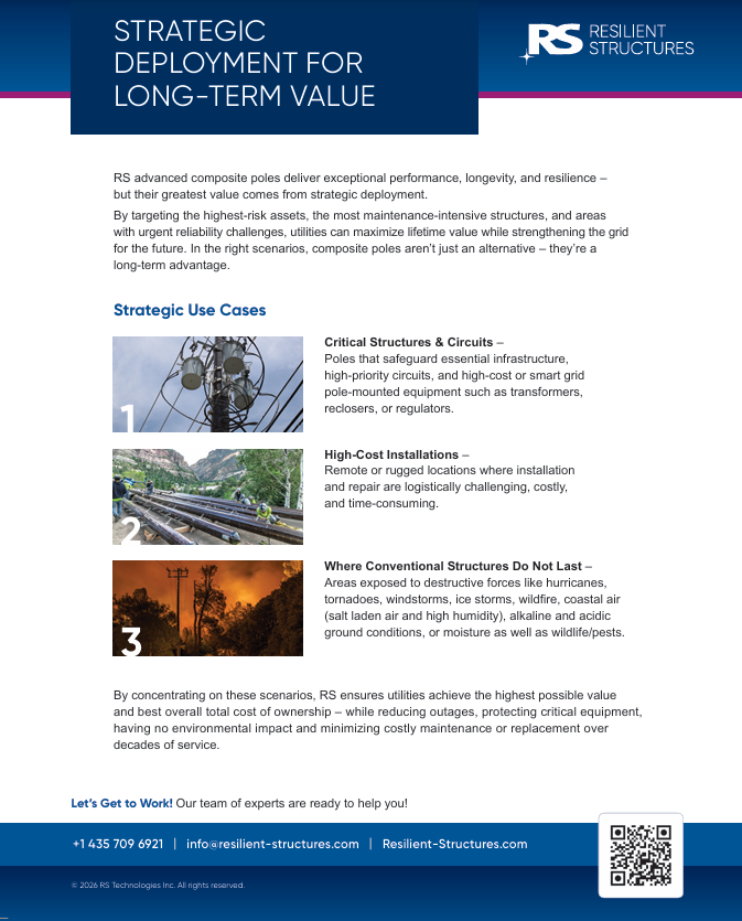 A flyer for Resilient Structures titled Strategic Deployment for Long-Term Value, describing use cases for composite poles with graphics and contact information at the bottom.