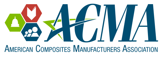 ACMA logo with hexagons showing a capitol dome, people, and an arrow, followed by large blue ACMA letters and American Composites Manufacturers Association below.